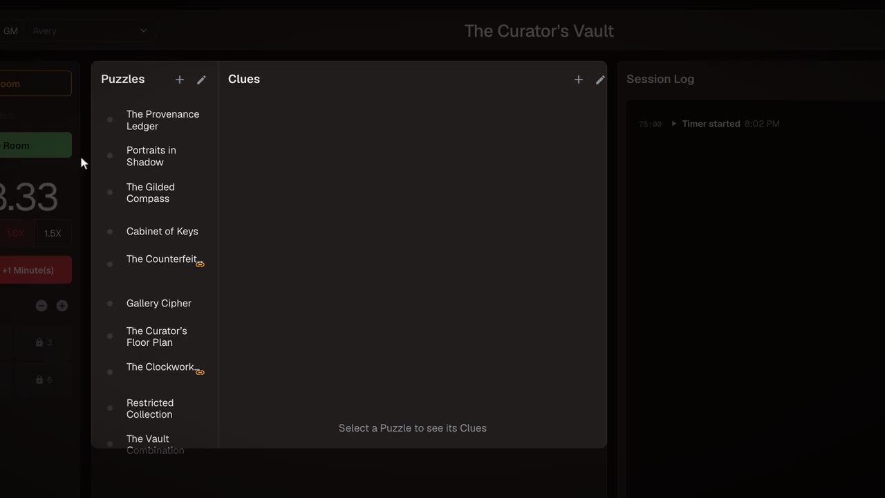 The Room Dashboard: a Puzzle is completed, the next one picked and a Clue sent